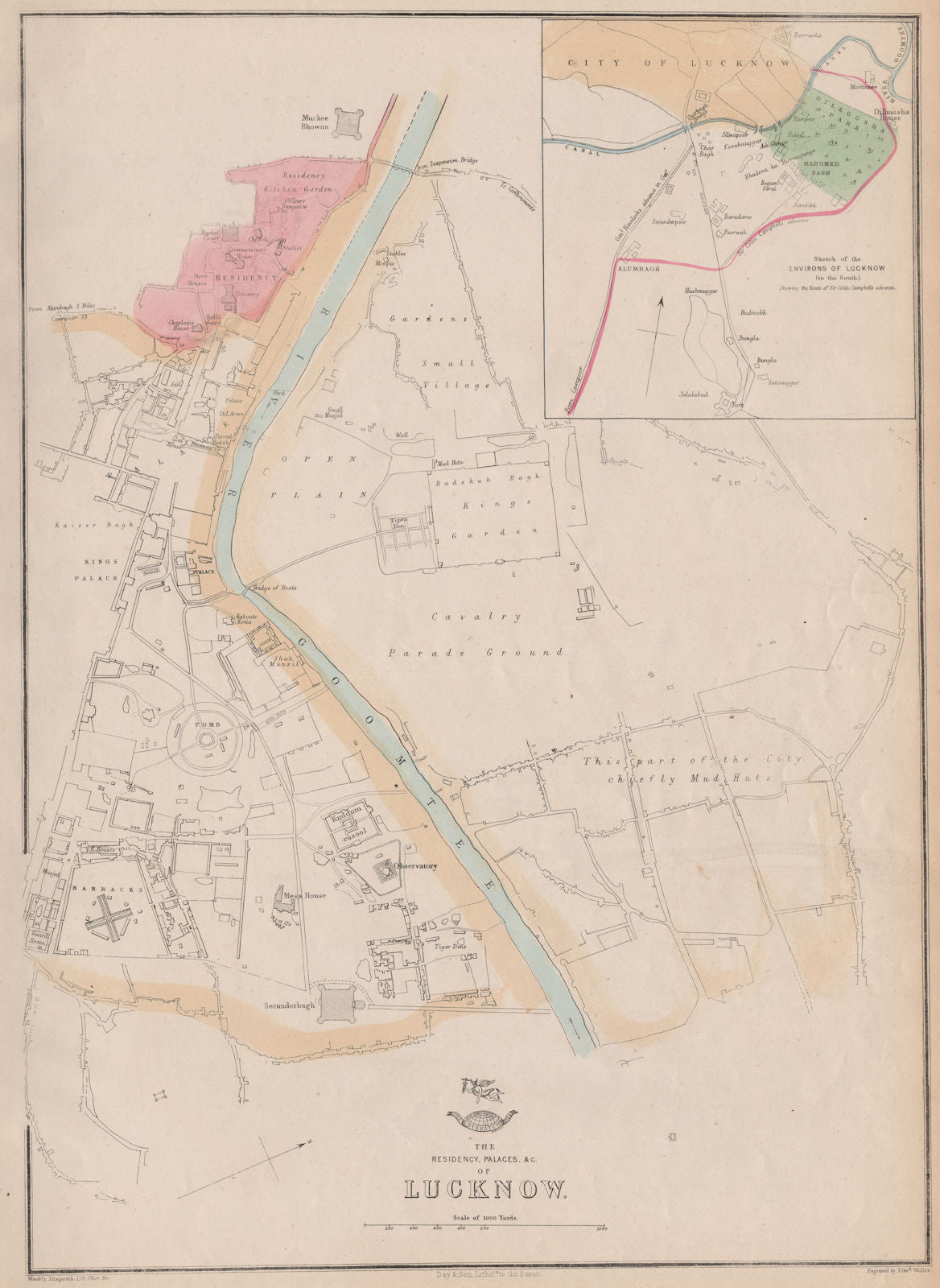 LUCKNOW RESIDENCY & PALACES. Town plan.Shows Campbell's Advance.WELLER 1863 map